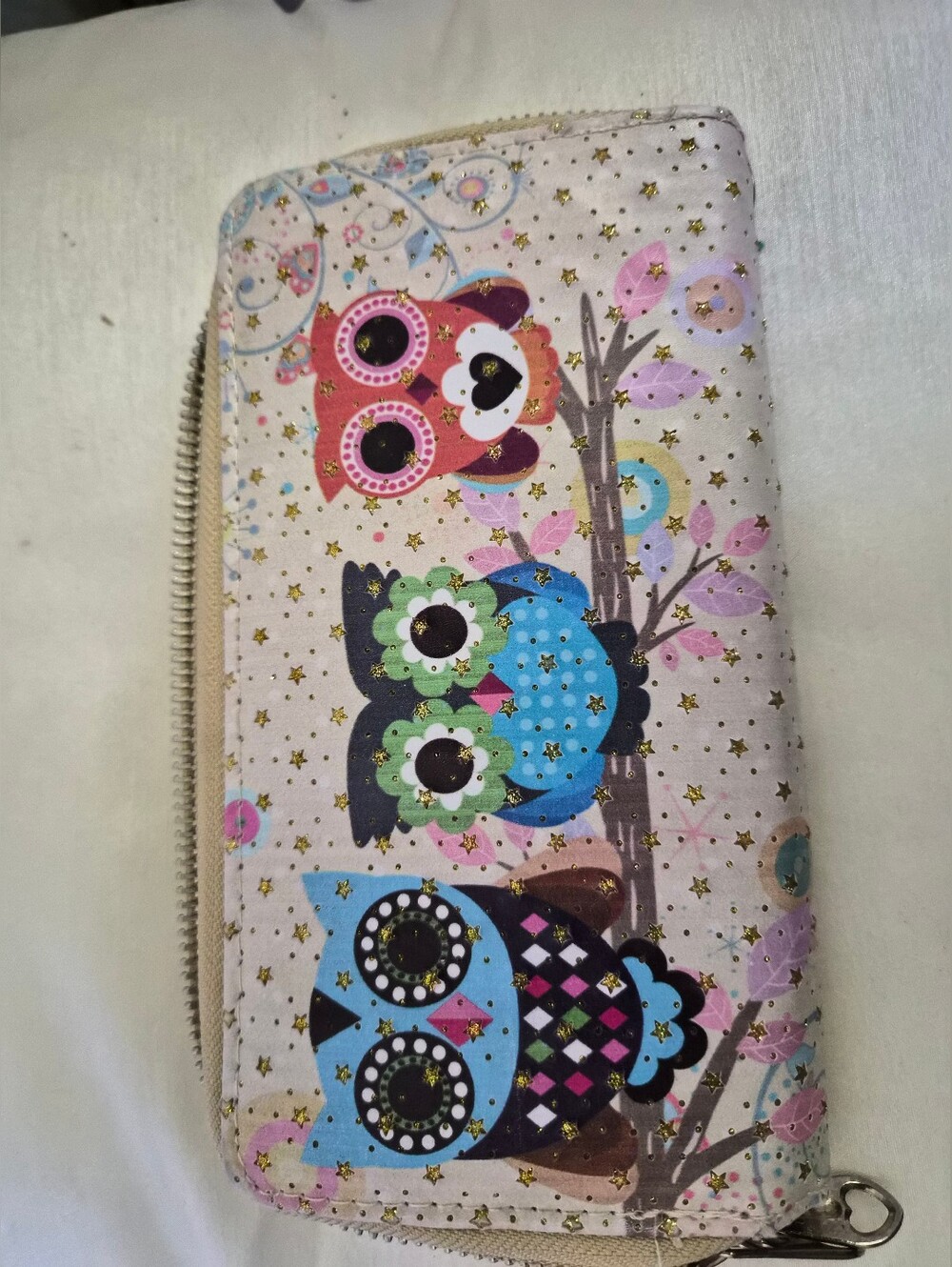 Zip-Around Owl Card & Key Wallet in Blue, Pink and Cream